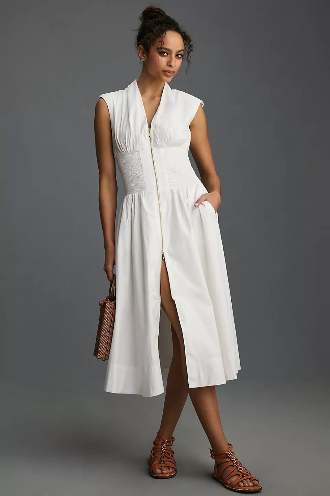 Anthropologie Tommie Zip-Front Midi Dress White Small Petite New W/Tags